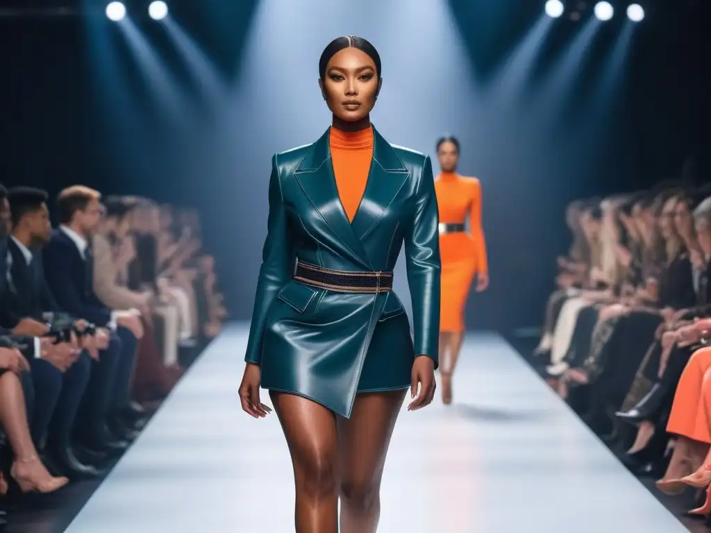 Diversidad y elegancia: Desfile de moda inclusiva en alta tecnología Desfile de moda inclusiva para todos los cuerpos con modelos diversos en pasarela futurista