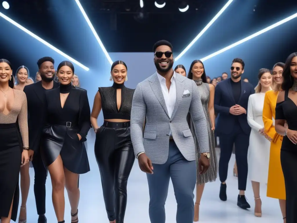 Desfile de moda inclusivo y tecnológico: diversidad y estilo premium Un desfile de moda inclusiva para todos los cuerpos, con personas de todas las edades, etnias y tallas luciendo elegantes wearables