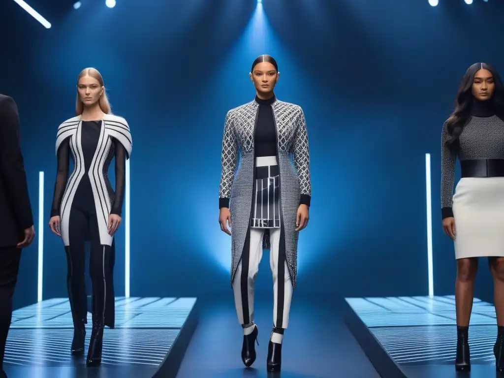 Moda inclusiva: diversidad y tecnología en pasarela futurista Desfile de moda inclusiva para todos los cuerpos con piezas tecnológicas futuristas y modelos diversos en una pasarela minimalista