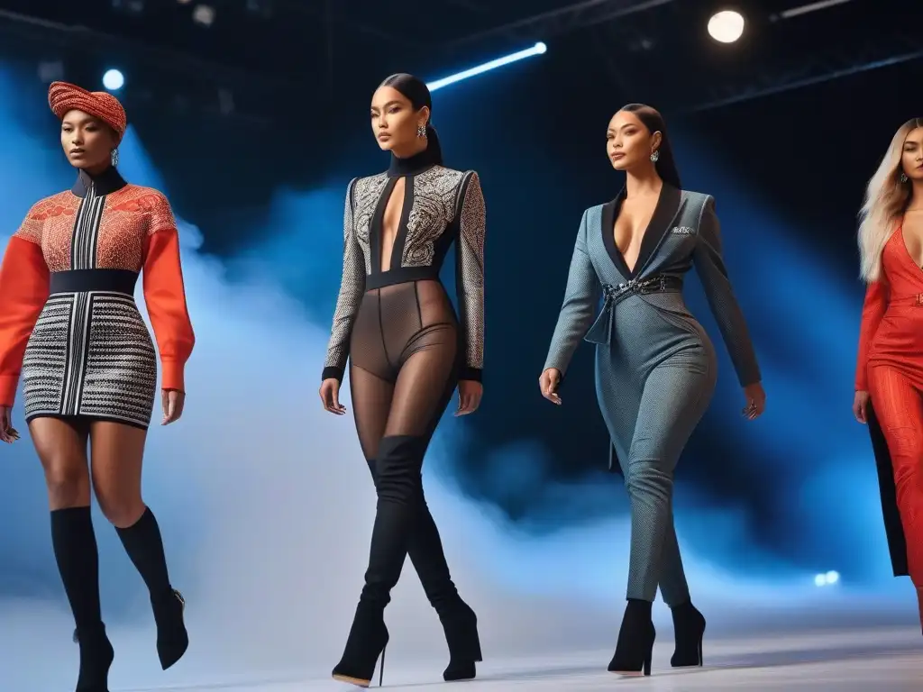 Pasarela 3D: Moda inclusiva y futurista con diversidad de modelos Un desfile de moda inclusiva para todos los cuerpos, con modelos diversos luciendo diseños 3D innovadores en una pasarela futurista y moderna