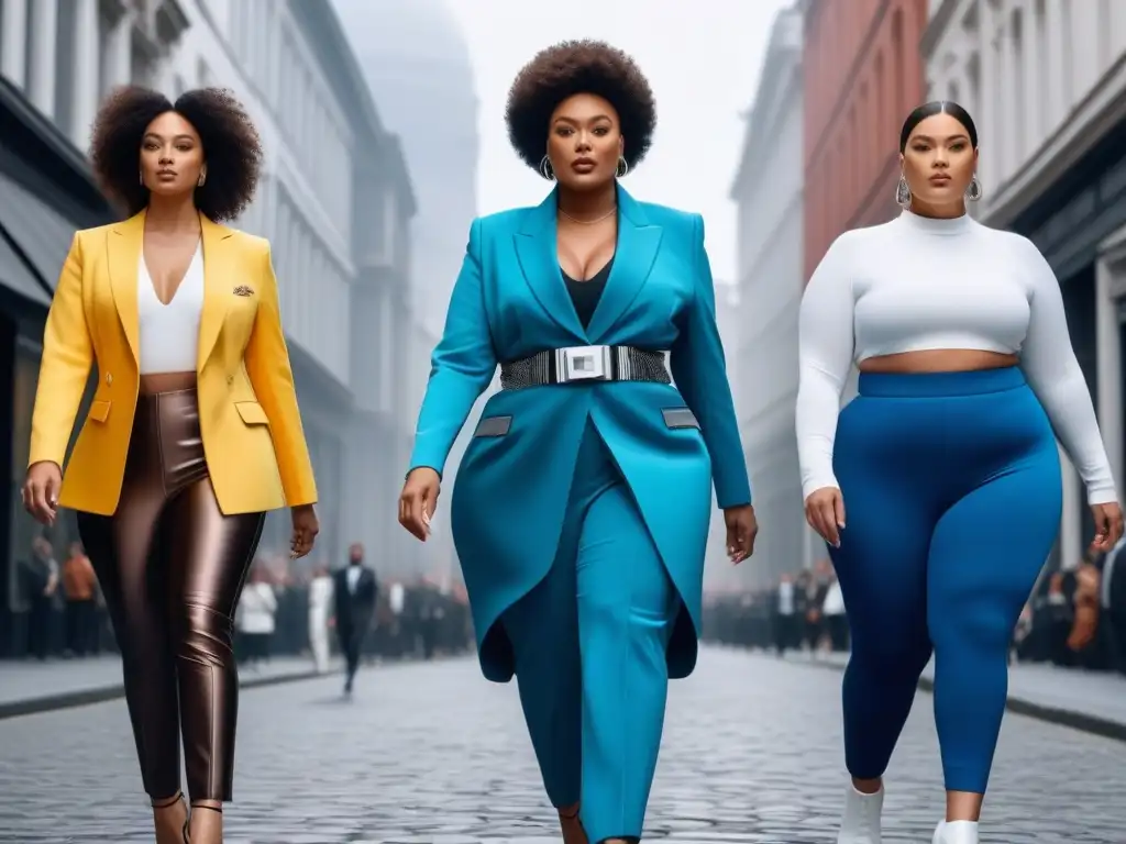 Moda inteligente inclusiva: diversidad y estilo en la ciudad Un desfile de moda inclusiva para todos los cuerpos en una ciudad futurista y vibrante