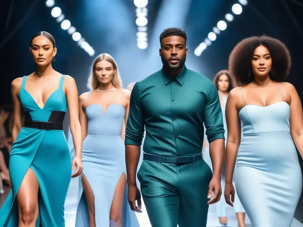 Desfile inclusivo de moda tecnológica para todos los cuerpos Desfile de moda inclusiva para todos los cuerpos en una pasarela futurista