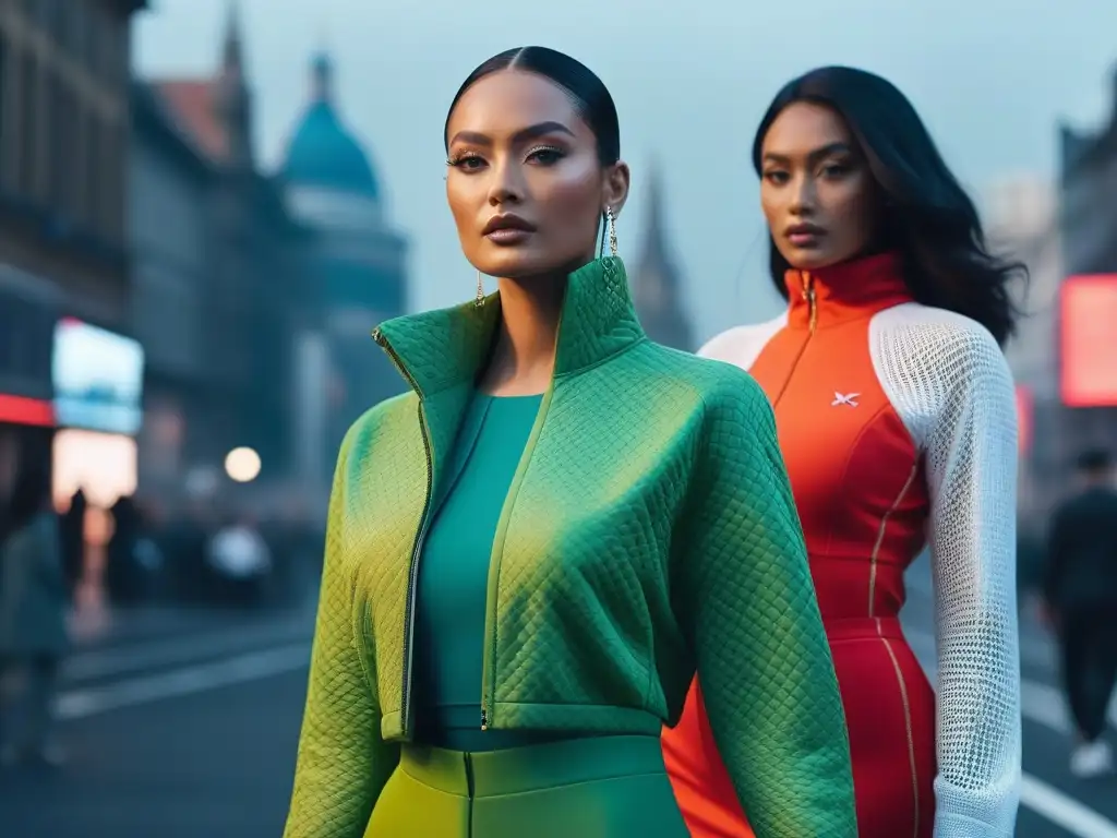 Desfile de moda inclusiva con tecnología wearable en ciudad futurista Desfile de moda inclusiva para todos cuerpos, modelos diversos luciendo diseños modernos y tecnología wearable innovadora en una ciudad futurista