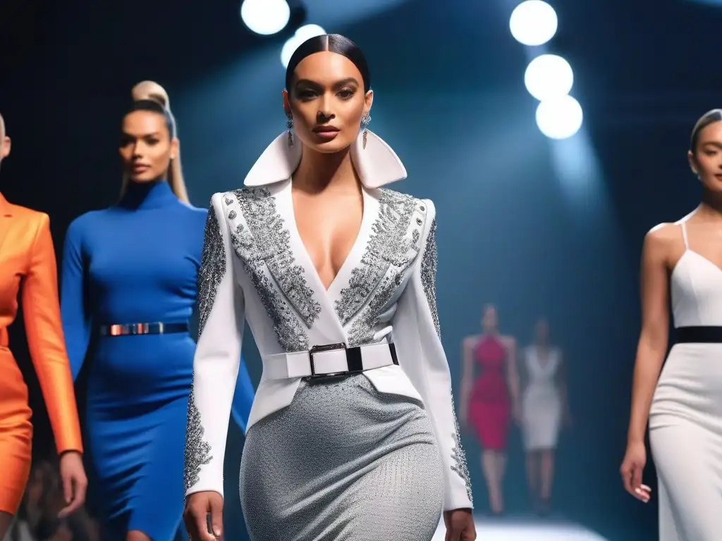 Desfile inclusivo de moda adaptativa en pasarela futurista Desfile de moda inclusiva para todos cuerpos con diseños adaptativos en una pasarela futurista, iluminada y con audiencia aplaudiendo