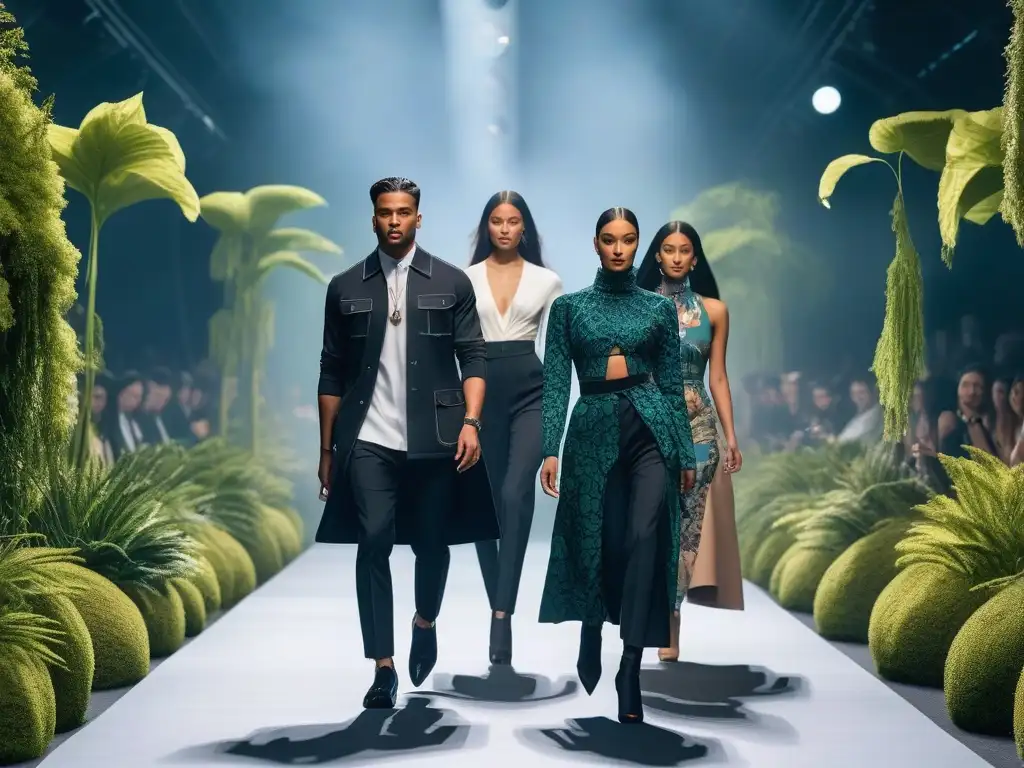 Desfile de moda sostenible: diversidad y elegancia en la pasarela futurista Desfile de moda inclusiva para todos los cuerpos en una ciudad futurista ecoamigable