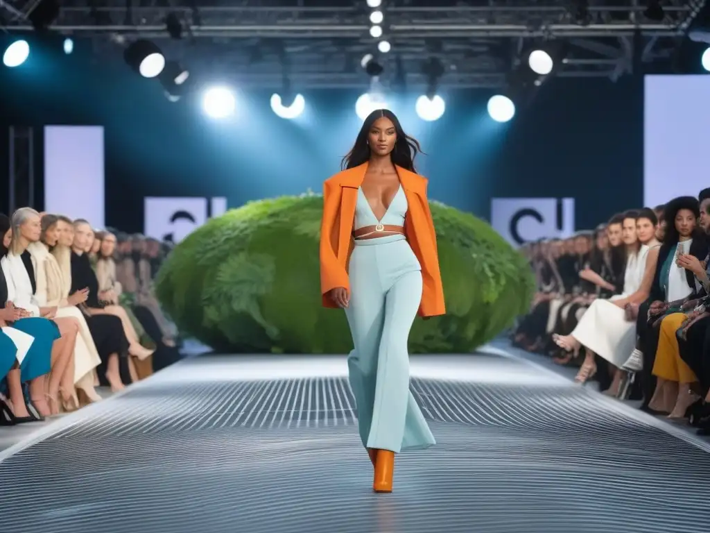 Desfile sostenible: moda inclusiva y ecoconsciente en pasarela circular Desfile de moda inclusiva para todos los cuerpos en pasarela circular sostenible con diseño ecoconsciente futurista