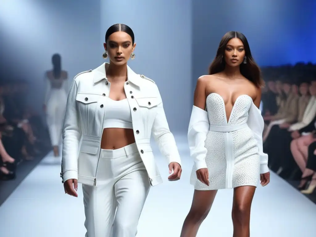Pasarela futurista: moda inclusiva para todos los cuerpos Desfile de moda inclusiva para todos los cuerpos: modelos diversos caminan con confianza en pasarela futurista