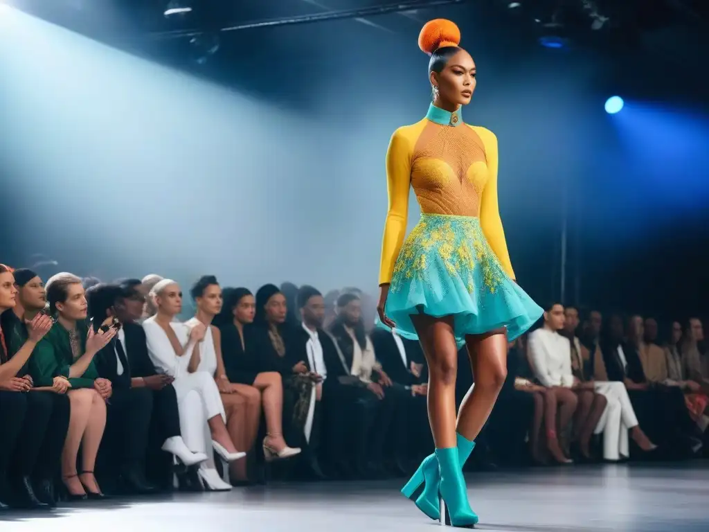 Desfile inclusivo de moda: celebrando la diversidad con estilo Desfile de moda inclusiva para cuerpos diversos con modelos de distintos géneros y estilos desfilando en pasarela vanguardista y luminosa