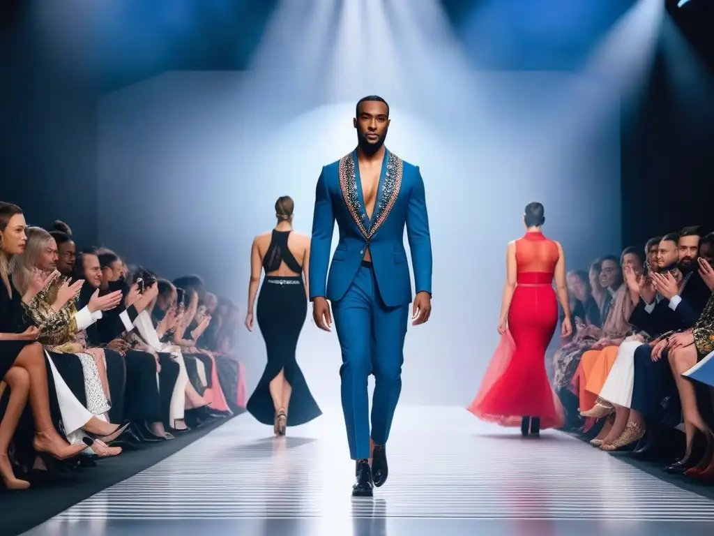 Desfile de moda inclusivo y empoderado: diversidad en la pasarela Un desfile de moda inclusiva para todos cuerpos, con modelos variados luciendo diseños de género neutro en una pasarela moderna y luminosa
