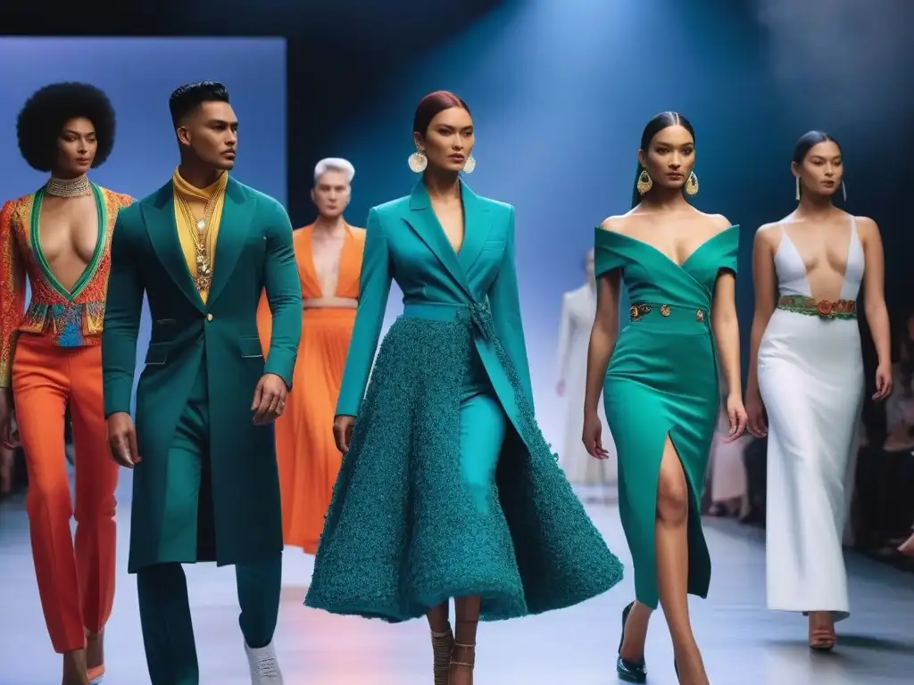 Desfile multicultural: diversidad y estilo en la pasarela Desfile de moda inclusiva para todos los cuerpos con modelos diversos luciendo atuendos tradicionales y modernos en una pasarela vibrante y ecléctica
