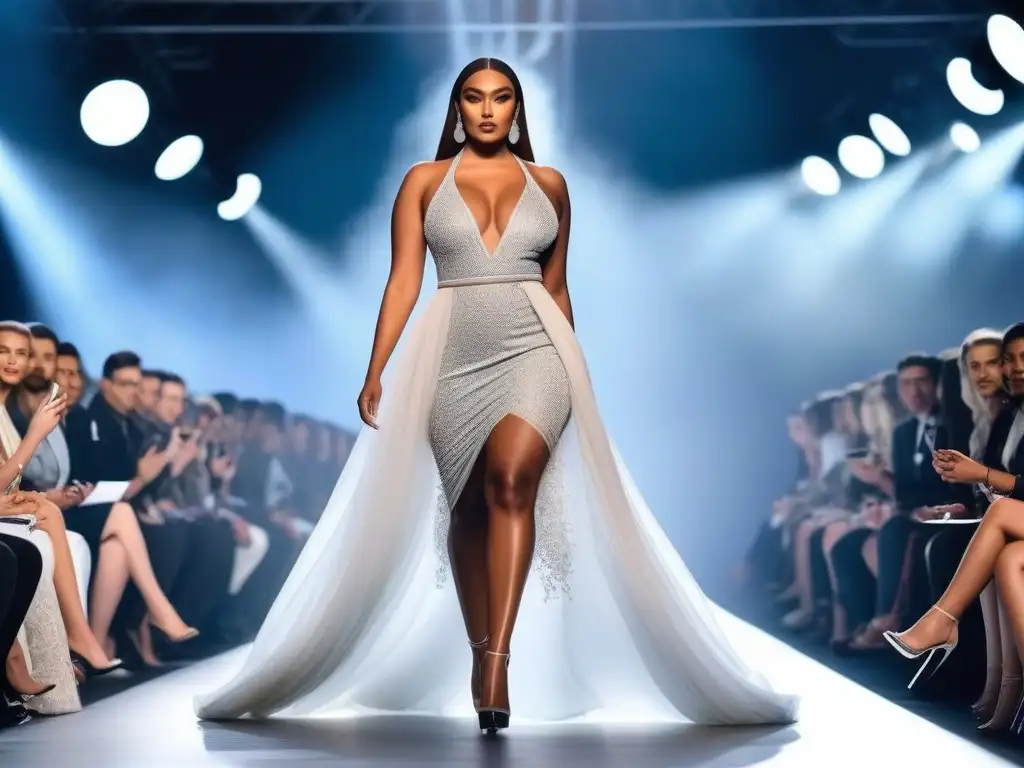 Pasarela inclusiva: moda elegante para todos los cuerpos Desfile de moda inclusiva para todos los cuerpos con modelos diversos mostrando diseños elegantes y únicos en una pasarela brillante