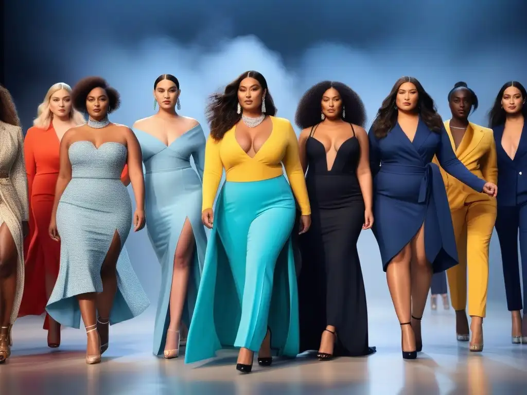 Desfile de moda inclusiva: diversidad de cuerpos y estilos en la pasarela Desfile de moda inclusiva para todos los cuerpos con modelos diversos luciendo con confianza diseños modernos y únicos en una pasarela iluminada