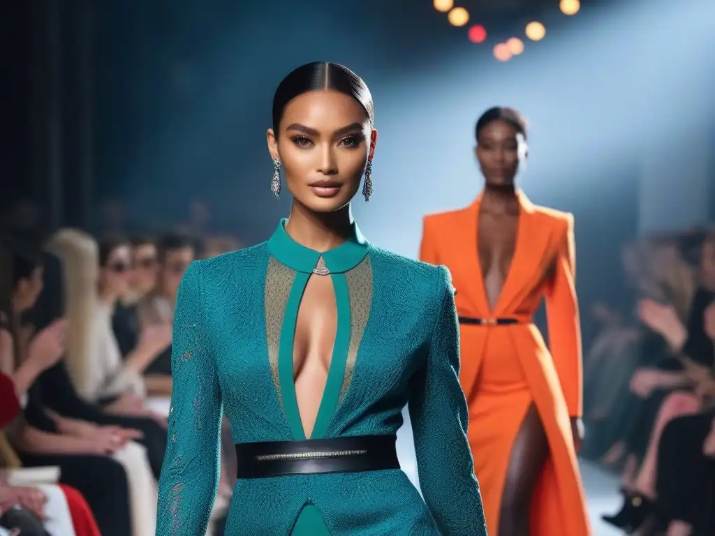 Desfile de moda inclusivo con modelos altos de diversas etnias y estilos Desfile de moda inclusiva para todos los cuerpos con modelos diversos, elegantes y seguros de sí mismos, en una pasarela chic y moderna