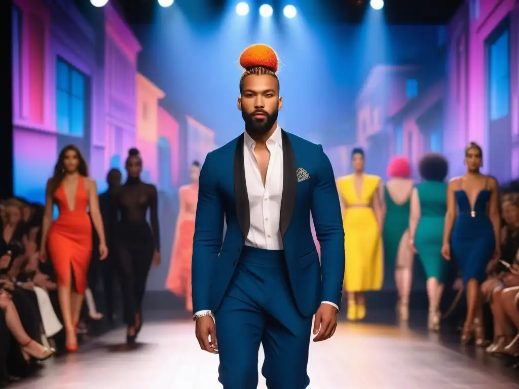 Desfile de moda inclusivo y vibrante: diversidad de género, cuerpos y estilos en la pasarela Desfile de moda inclusiva para todos cuerpos con modelos diversos exhibiendo confianza y empoderamiento en la pasarela