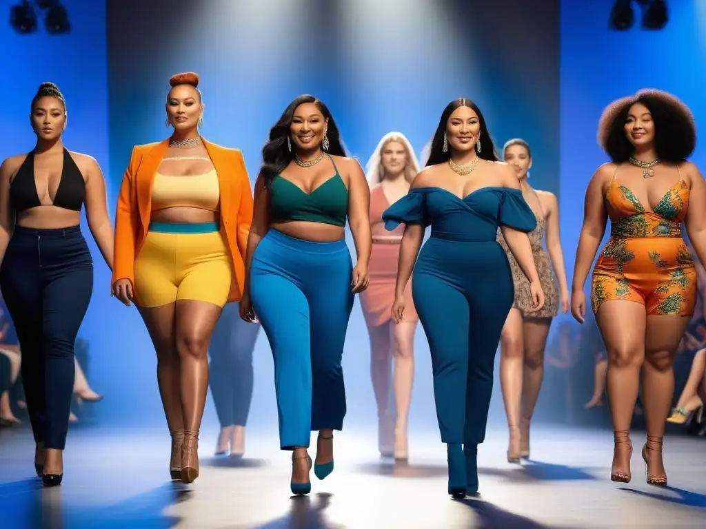 Pasarela inclusiva: moda para todos los cuerpos y etnias Un desfile de moda inclusiva para todos los cuerpos con modelos diversos en atuendos elegantes, mientras la audiencia aplaude en apoyo
