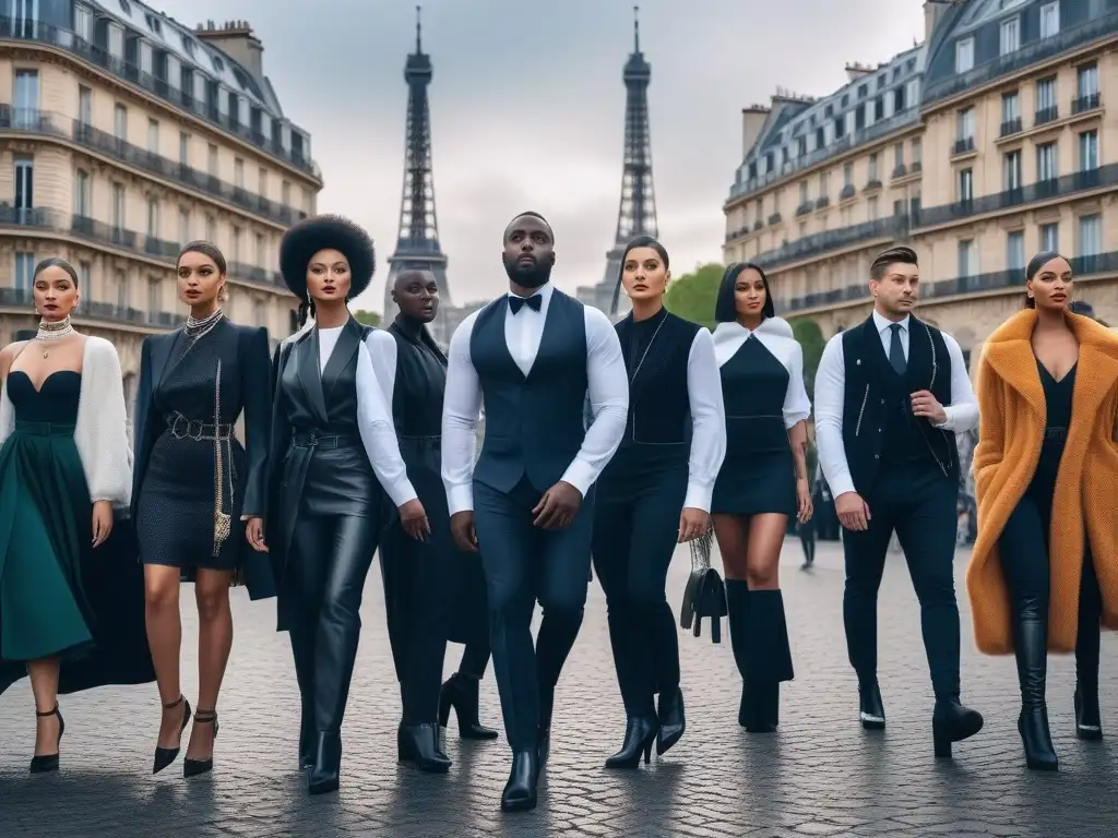 Desfile de moda inclusivo en París: modelos diversos y elegantes Desfile de moda inclusiva para todos cuerpos en París, con modelos de diferentes etnias y estilos, la Torre Eiffel de fondo