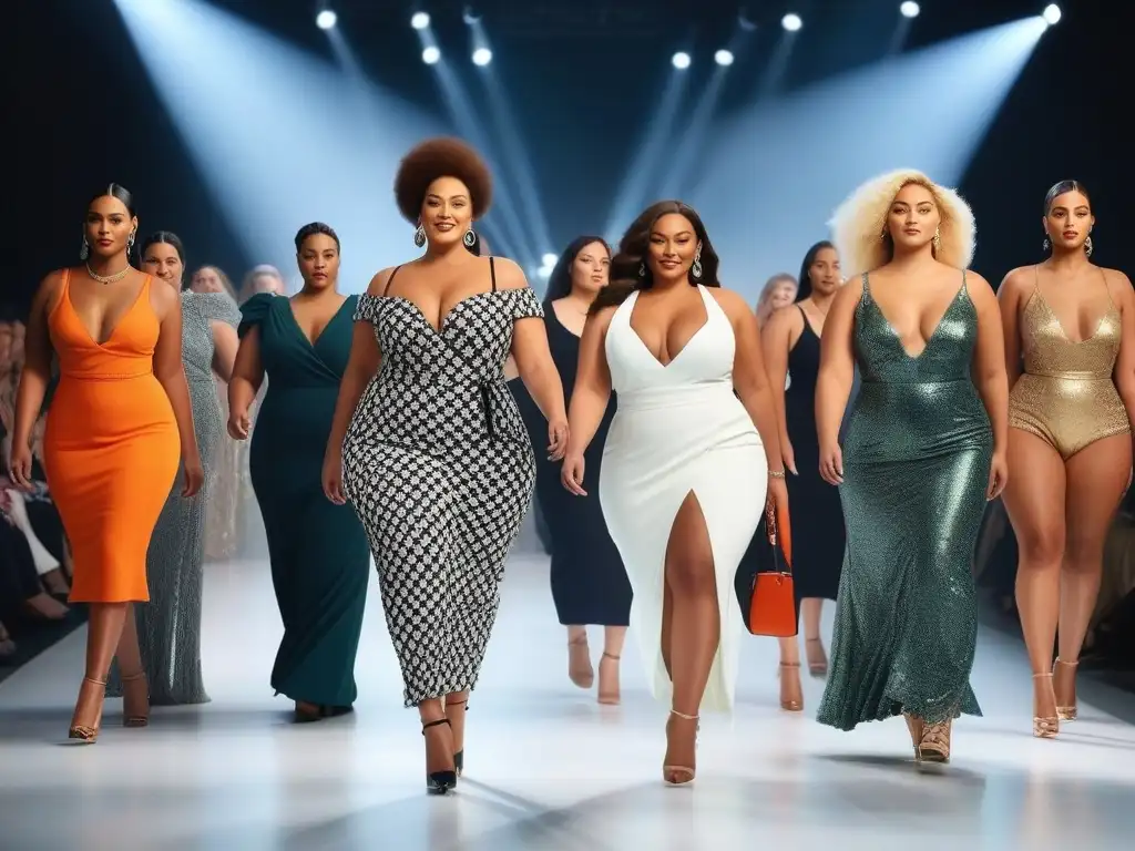 Desfile de moda inclusivo con modelos de tallas grandes - ¡Celebrando la diversidad y la confianza en la pasarela! Desfile de moda inclusiva para todos los cuerpos con modelos de tallas grandes empoderadas caminando por la pasarela
