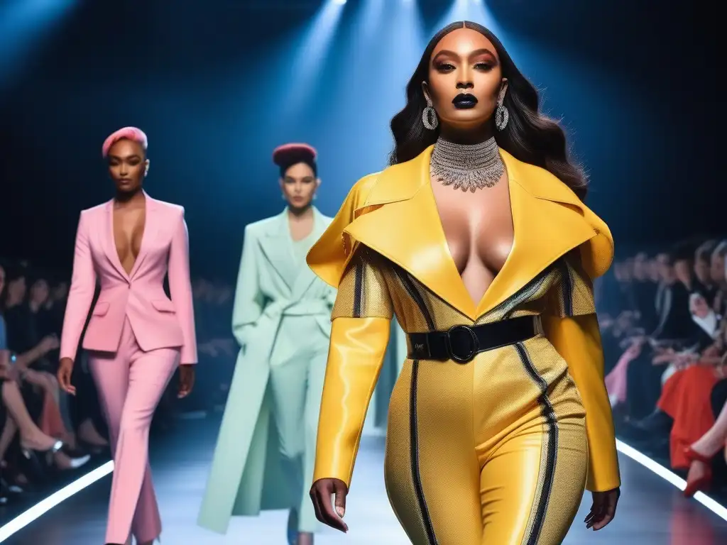 Desfile inclusivo de moda: diversidad y empoderamiento Un desfile de moda inclusiva para cuerpos diversos: modelos únicos desfilan con confianza en una pasarela futurista y colorida