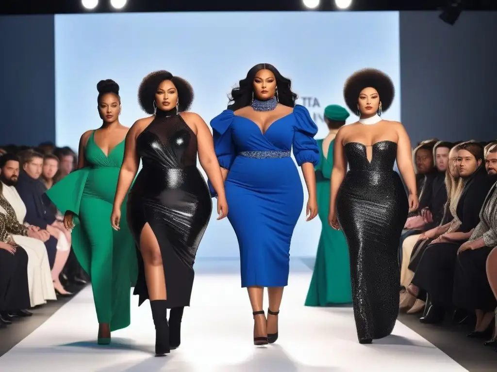 Desfile de moda plussize: elegancia y diversidad Un desfile de moda inclusiva para todos los cuerpos con modelos de tallas grandes desfilando con confianza en diseño vanguardista