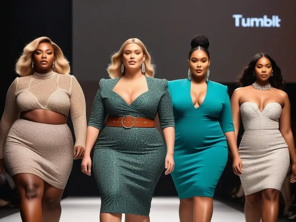 Desfile de Moda: Inclusividad y Empoderamiento con Modelos Plus Size Desfile de moda inclusiva con cuerpos diversos desfilando con confianza y estilo en pasarela vibrante