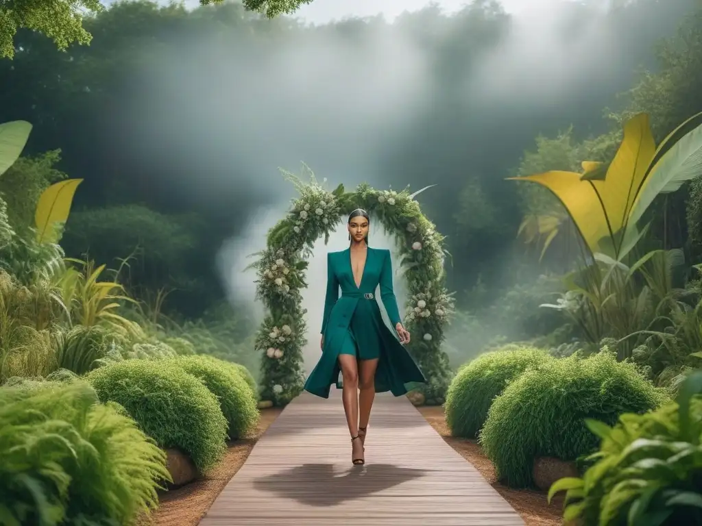 Desfile de moda sostenible: diversidad y ecoamigable Desfile de moda inclusiva para todos cuerpos en pasarela sostenible, rodeada de vegetación, bajo luz natural