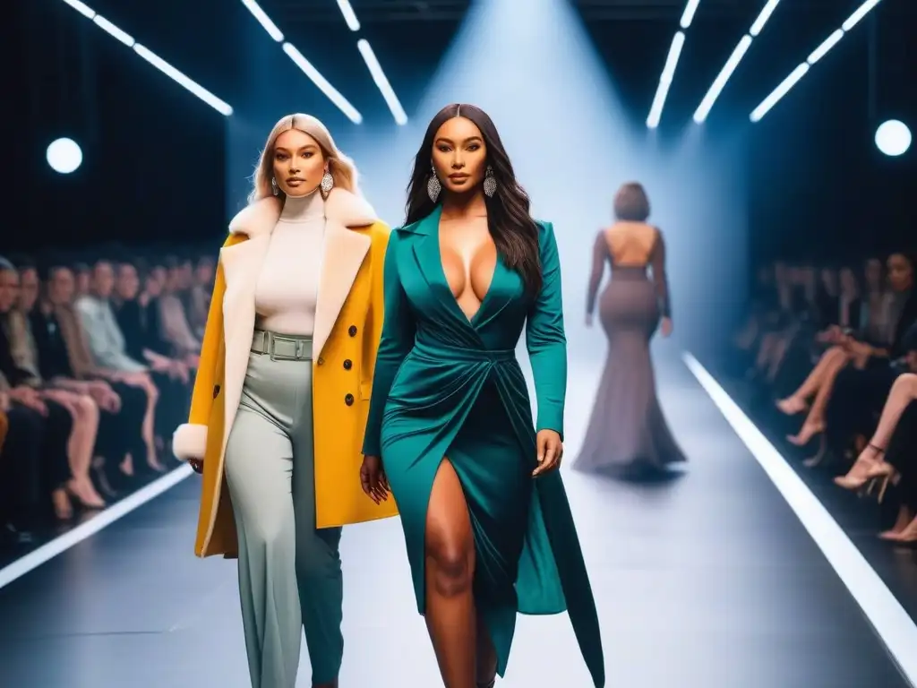 Desfile inclusivo de moda: influencers diversos en pasarela Un desfile de moda inclusiva para todos cuerpos, con influencers diversos luciendo elegantes y seguros en una pasarela moderna y luminosa