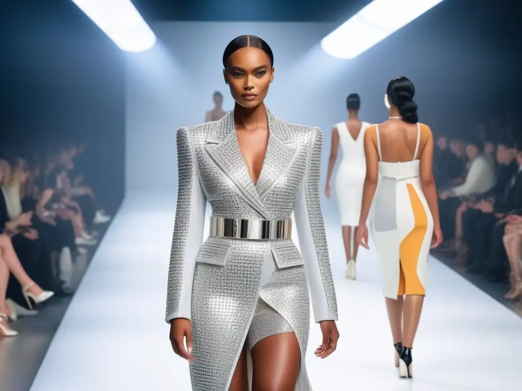 Desfile de moda inclusivo y vanguardista con modelos diversos Un desfile de moda inclusiva, cultura pop y tendencias con modelos diversos, seguros y elegantes en una pasarela futurista
