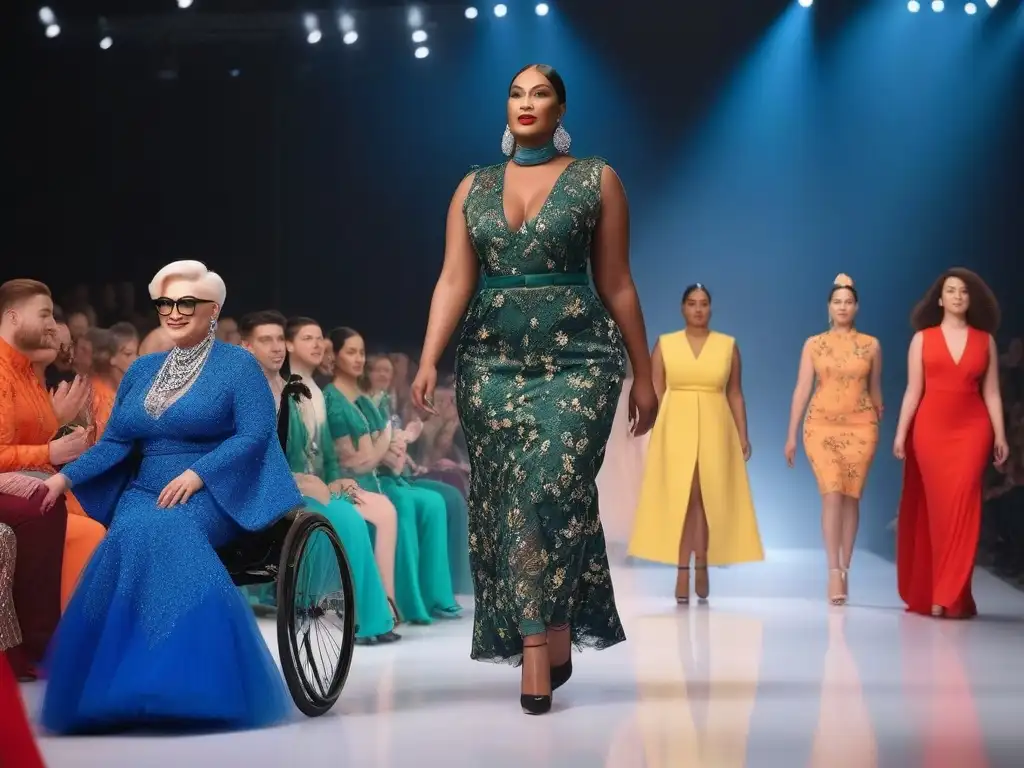 Desfile inclusivo: moda, diversidad y empoderamiento Desfile de moda inclusiva para discapacidades: modelos diversos desfilan con estilo en la pasarela, rodeados de un público aplaudiendo