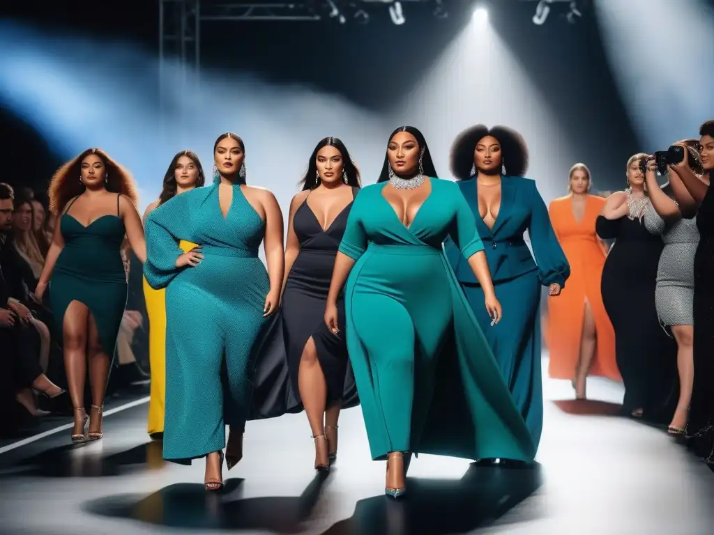 Diseñadores de moda plus size triunfan en pasarela con estilo y confianza Un desfile de moda inclusiva con diseñadores de éxito plus paseando seguros y creativos, rodeados de aplausos y cámaras