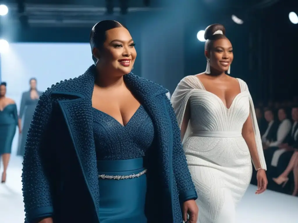 Diseñadores de moda plussize innovadores en la pasarela Desfile de moda inclusiva con diseñadores de éxito plus, creatividad y pasión en la pasarela