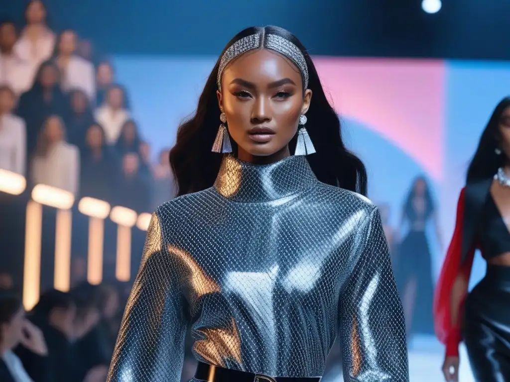 Desfile revolucionario: moda inclusiva en pasarela futurista Desfile de moda inclusiva con diseños revolucionarios y modelos diversos en una pasarela futurista