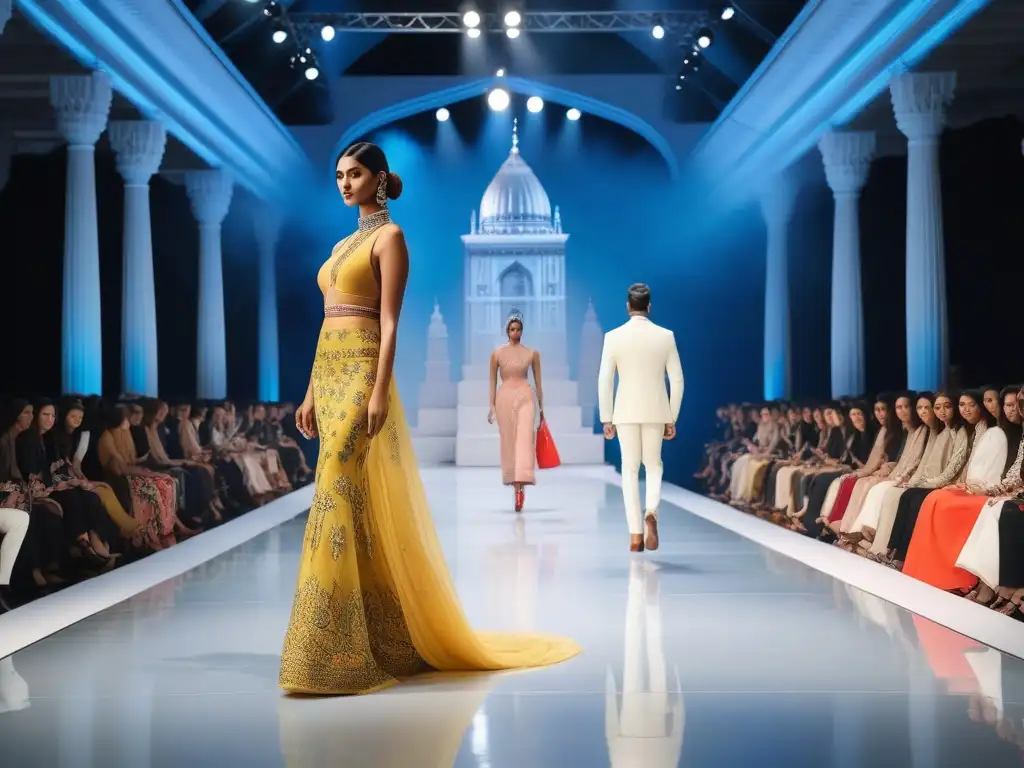 Diseño inclusivo en mercado indio: tradición y modernidad Desfile de moda inclusiva en India subcontinente, con diseños vibrantes y modelos diversos en una bulliciosa plaza india
