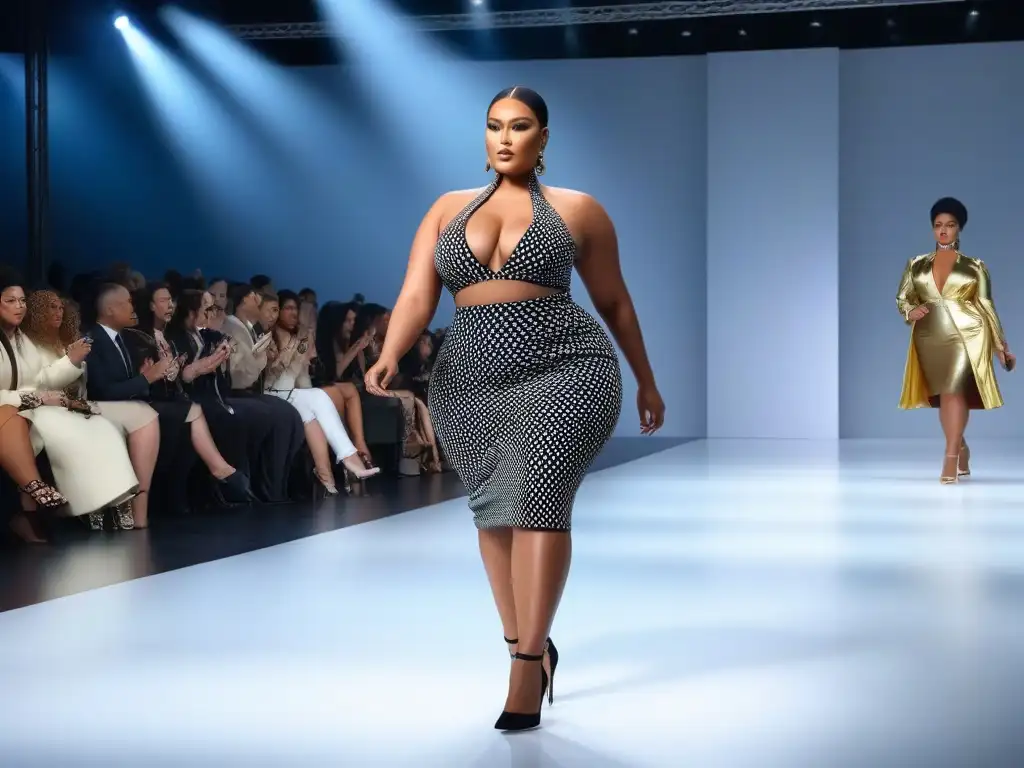 Desfile de moda inclusivo: modelos plussize empoderadas en pasarela Desfile de moda plus size inclusiva y diversa con modelos seguras y estilosas en un ambiente glamuroso y moderno