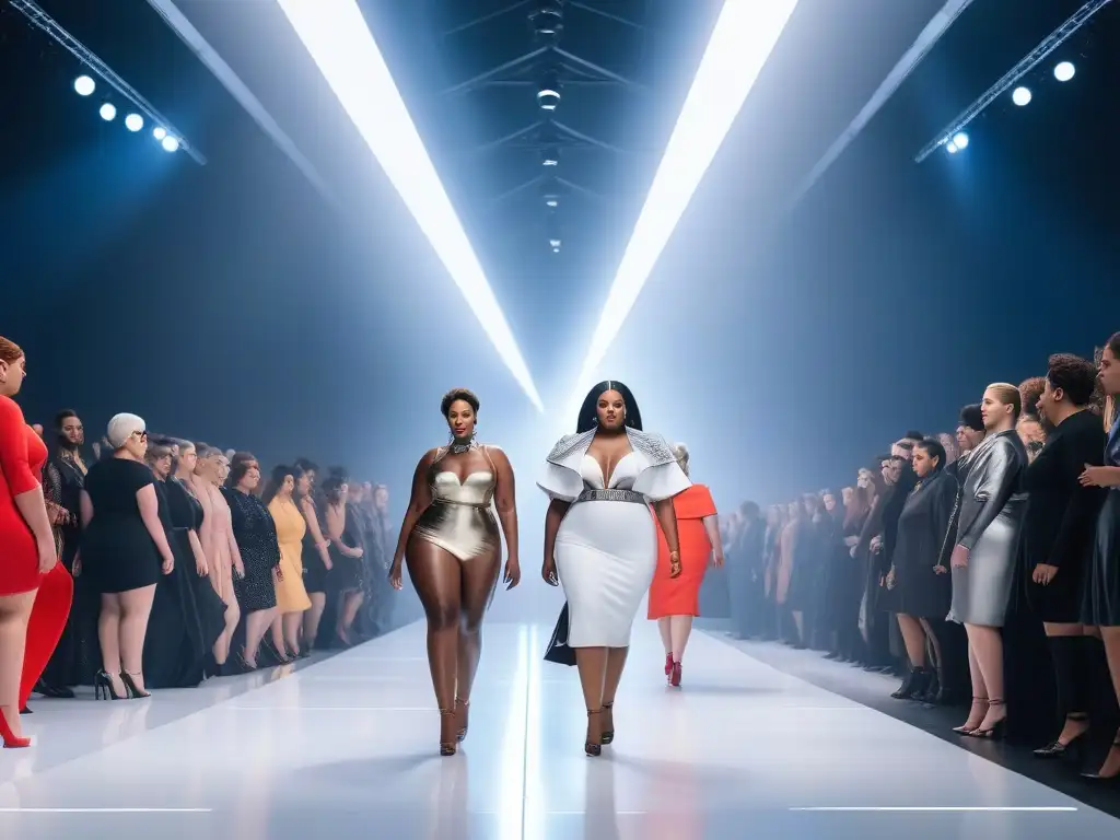 Desfile inclusivo: modelos de tallas grandes en pasarela futurista Desfile de moda plus size inclusiva y diversa con modelos empoderadas y confiadas en una pasarela futurista