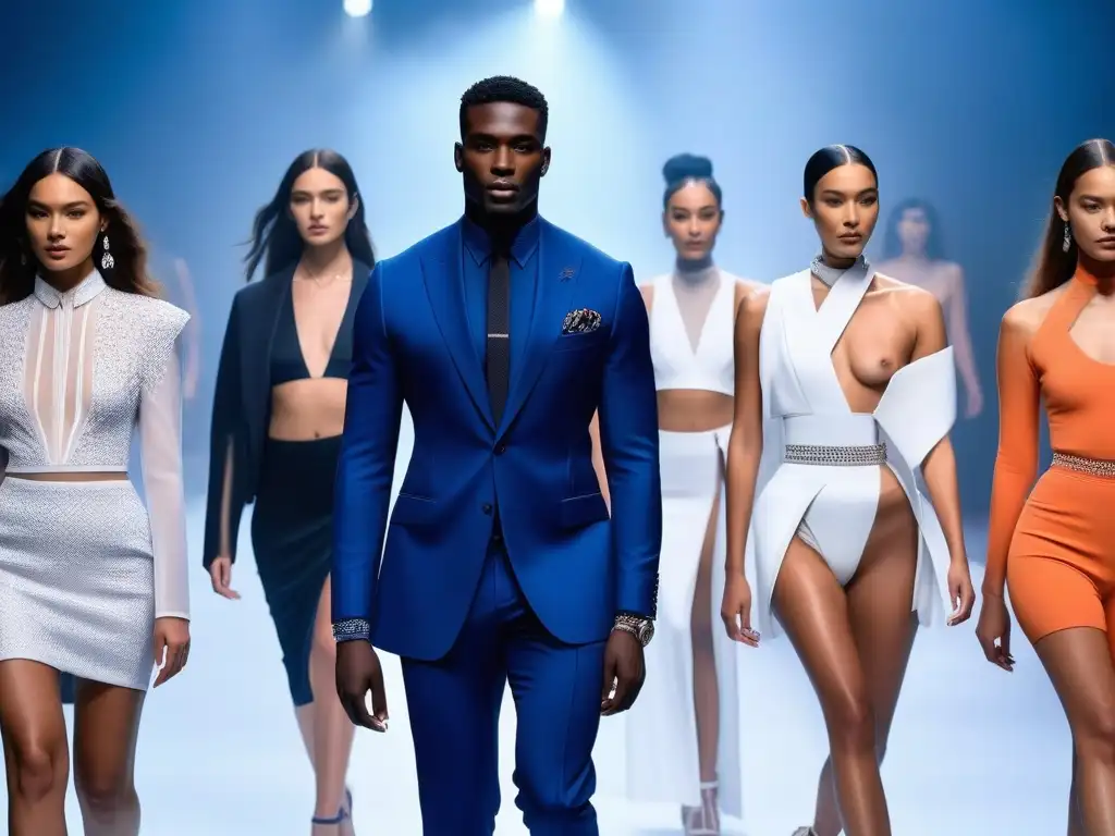 Desfile de moda inclusivo con tecnología de vanguardia Un desfile de moda inclusiva diversa con modelos luciendo wearables de vanguardia en una pasarela futurista