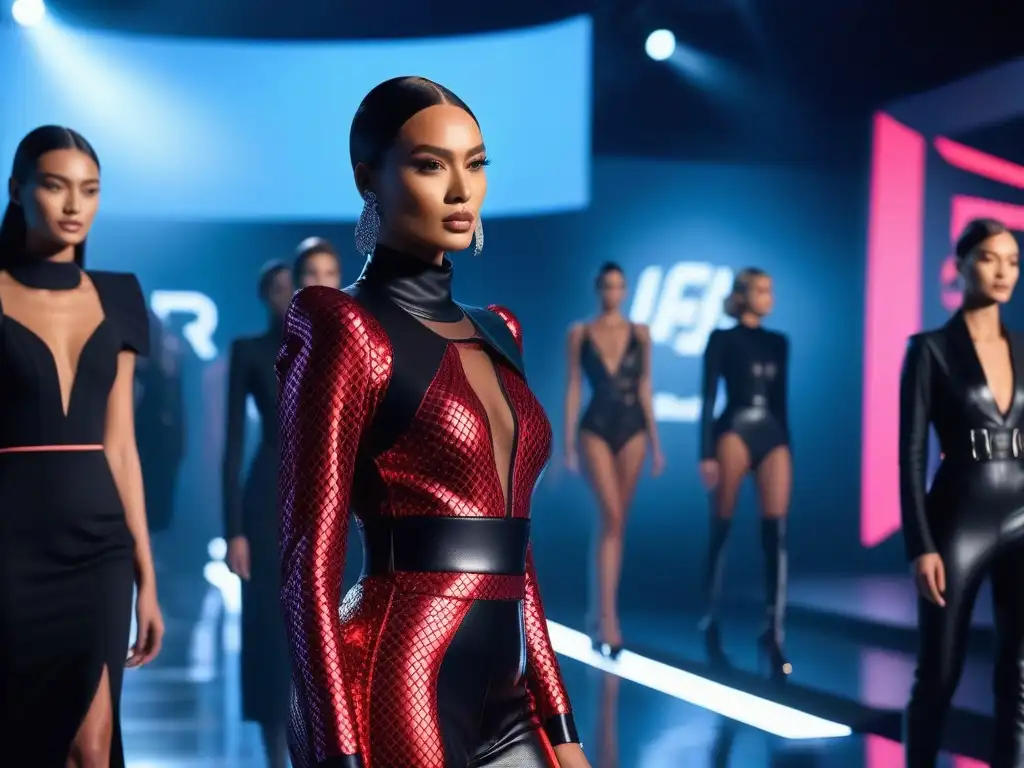 Desfile de moda inclusiva y futurista con modelos altos Desfile de moda tall inclusiva y diversa con modelos vanguardistas mostrando estilos únicos en pasarela futurista