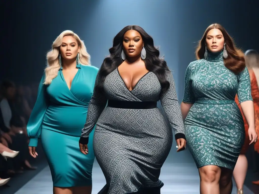 Desfile de moda plus size: celebrando la diversidad en la pasarela Desfile de moda plus size inclusiva y diversa con modelos seguras y elegantes, luciendo outfits trendy y coloridos en una pasarela moderna y vibrante