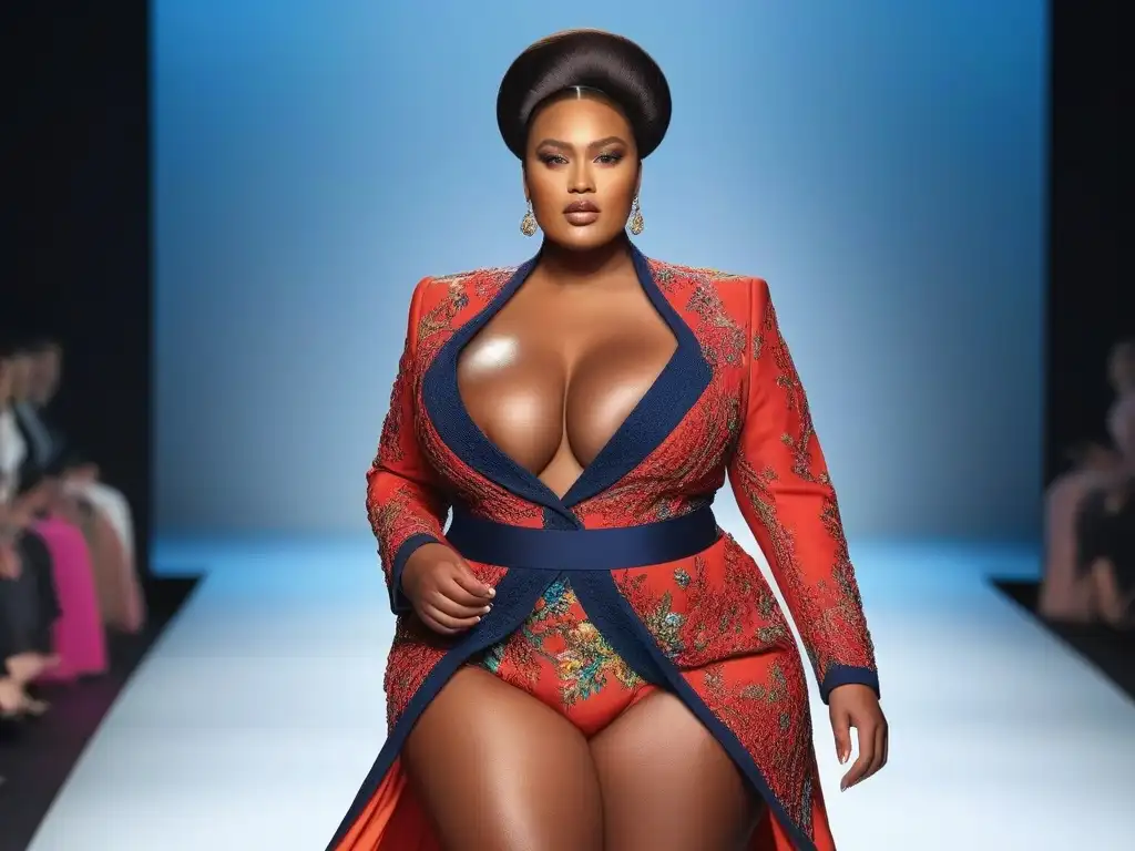 Desfile de moda inclusivo: curvas y elegancia en pasarela Desfile de moda plus size inclusiva y diversa, modelo elegante y empoderada en pasarela de alta costura