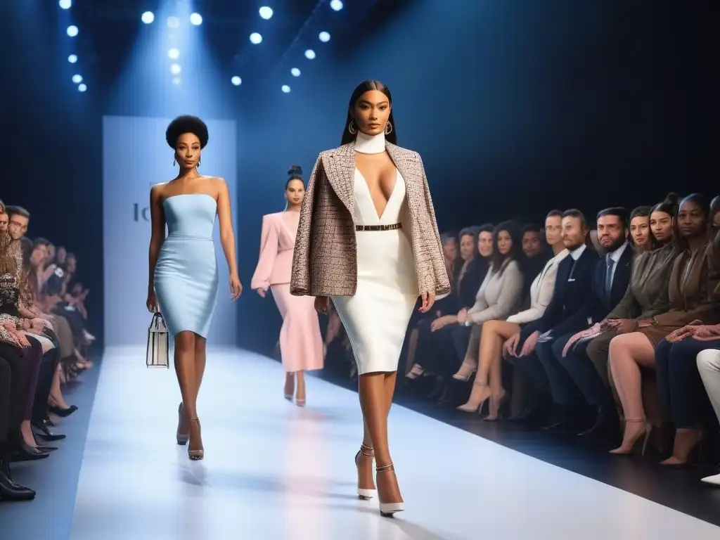 Desfile de moda petite inclusiva y moderna Desfile de moda petite inclusiva y diversa en pasarela moderna con modelos seguras y elegantes