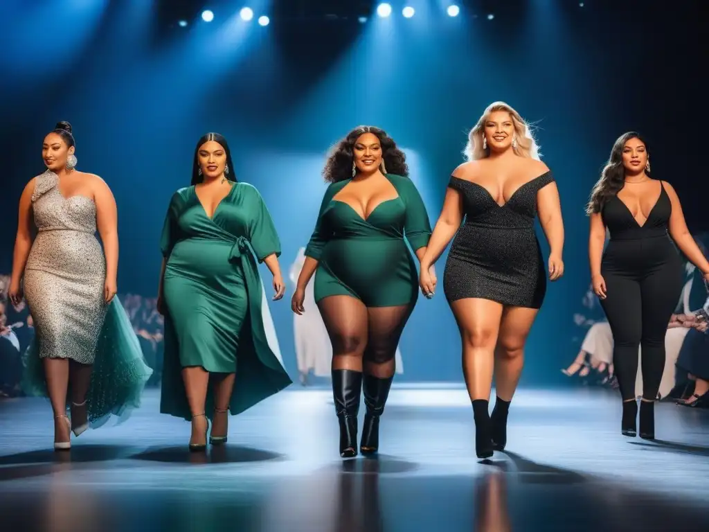 Desfile inclusivo de moda plussize: diversidad y empoderamiento Desfile de moda plus size inclusiva y diversa con modelos empoderadas y seguras, representando la diversidad de la belleza