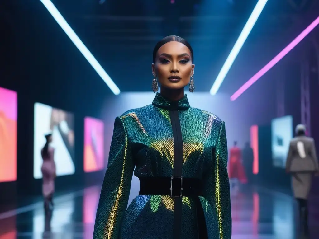 Desfile inclusivo: moda diversa en ciudad futurista Desfile de moda inclusiva y diversa con modelos de todas las edades, géneros, tallas y etnias desfilando con confianza en atuendos únicos y inclusivos