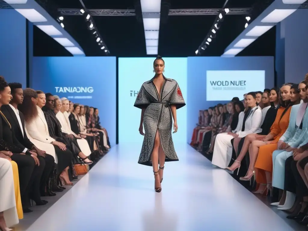 Desfile inclusivo: moda diversa y empoderada en pasarela futurista Desfile de moda inclusiva y diversa con modelos de todas las edades, géneros y tipos de cuerpo, mostrando diseños elegantes y mensajes inspiradores