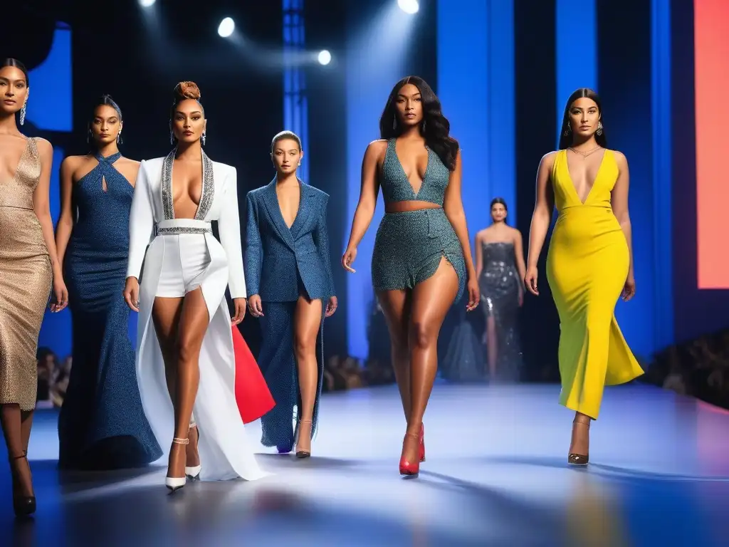 Desfile de moda inclusivo: diversidad de modelos desfilando con estilo Desfile de moda inclusiva y diversa con modelos de distintas etnias, cuerpos y habilidades caminando con confianza por la pasarela