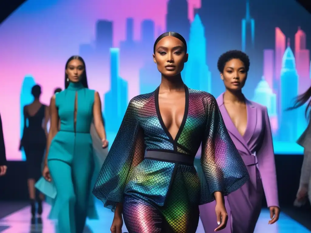 Desfile de moda inclusivo en ciudad futurista Un desfile de moda inclusiva y diversa con modelos de distintas etnias, cuerpos y habilidades