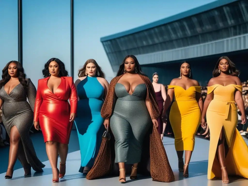 Desfile de moda plussize: empoderamiento y diversidad Un desfile de moda plus size inclusiva y diversa con modelos seguras y empoderadas luciendo diseños vibrantes y modernos