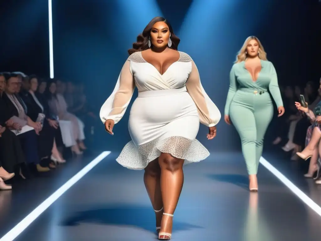 Desfile de moda plussize: diversidad y estilo en la pasarela Desfile de moda plus size inclusiva y diversa con modelos seguras y elegantes en una pasarela brillante