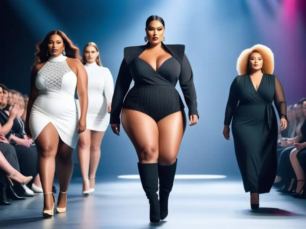 Desfile de moda plussize: diversidad y estilo en la pasarela Desfile de moda plus size inclusiva y diversa con modelos seguras y estilosas en la pasarela