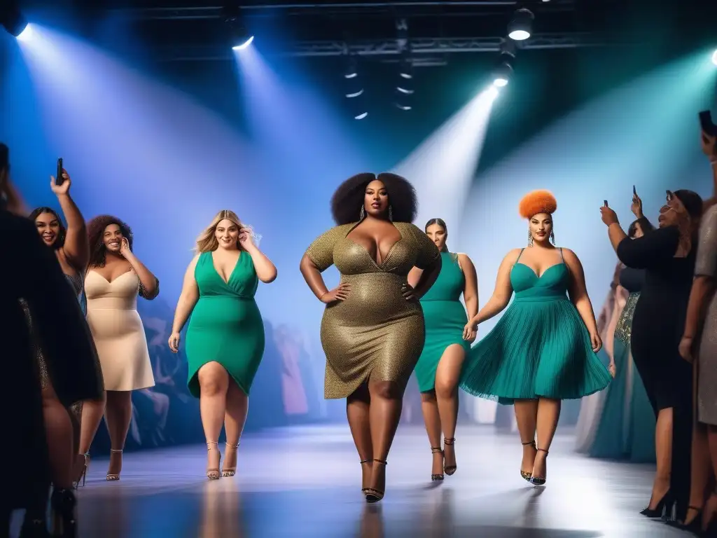 Desfile de moda plussize: diversidad y empoderamiento en la pasarela Desfile de moda plus size inclusiva y diversa con modelos seguras y elegantes en la pasarela, público emocionado aplaudiendo