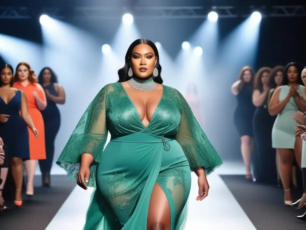 Desfile de moda plussize: diversidad, estilo y empoderamiento Desfile de moda plus size inclusiva y diversa con modelos confiadas mostrando diseños modernos, iluminadas por luces brillantes