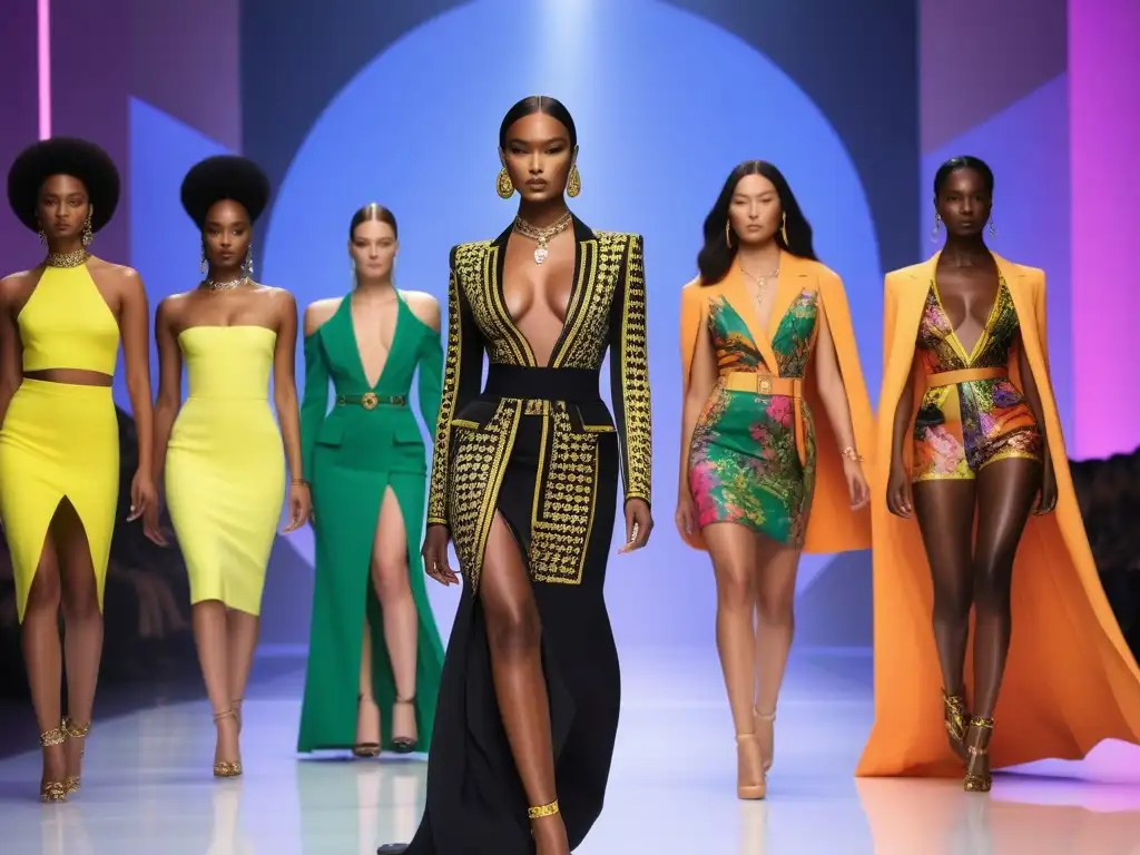 Desfile Versace: Celebrando la diversidad con estilo Desfile de moda inclusiva y diversa de Versace, con modelos de diferentes etnias, tallas y habilidades, luciendo elegantes diseños modernos